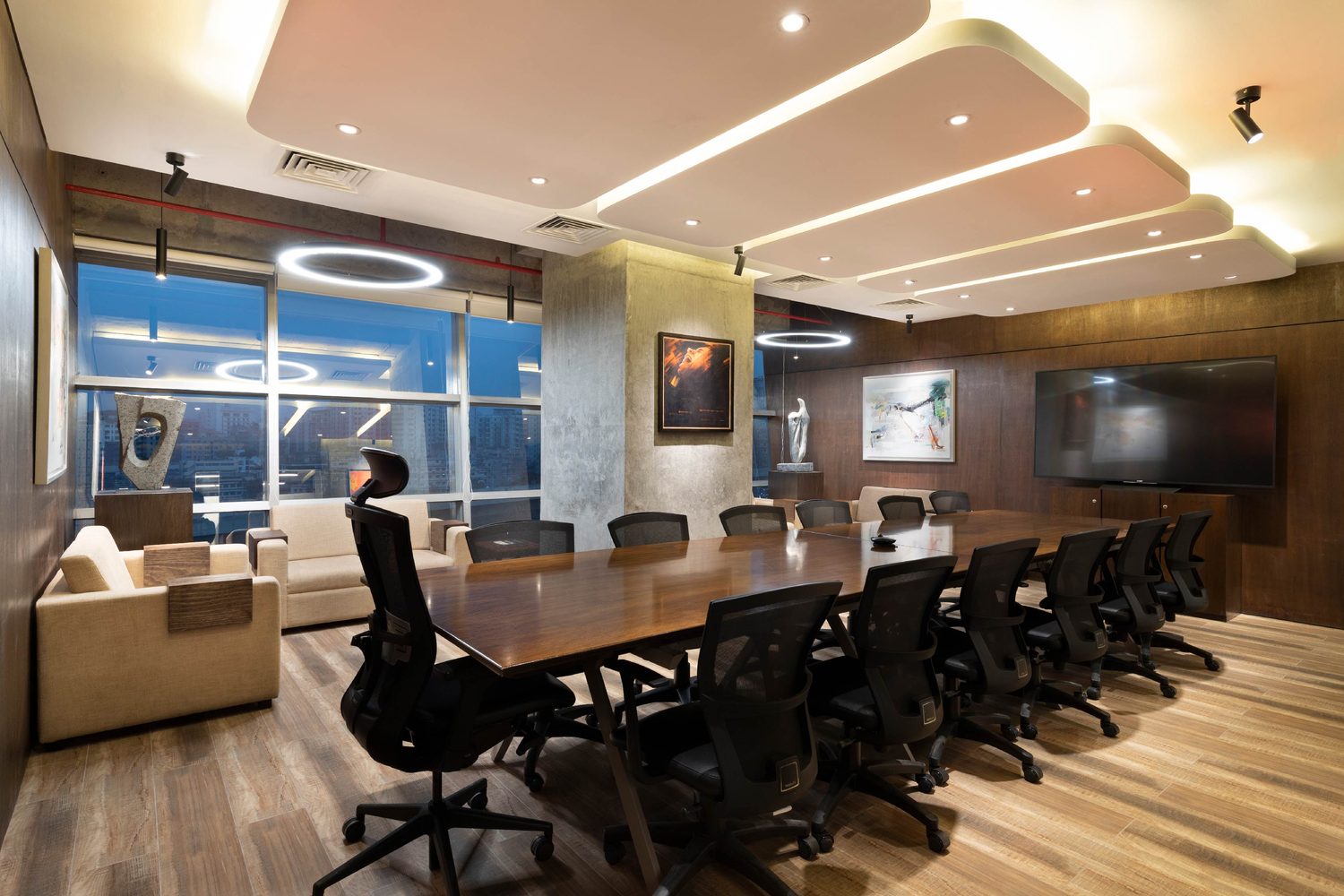 Confidence Group head office corporate interior design Karwanbazar Dhaka Bangladesh by REINCARNATION — boardroom with city outlook